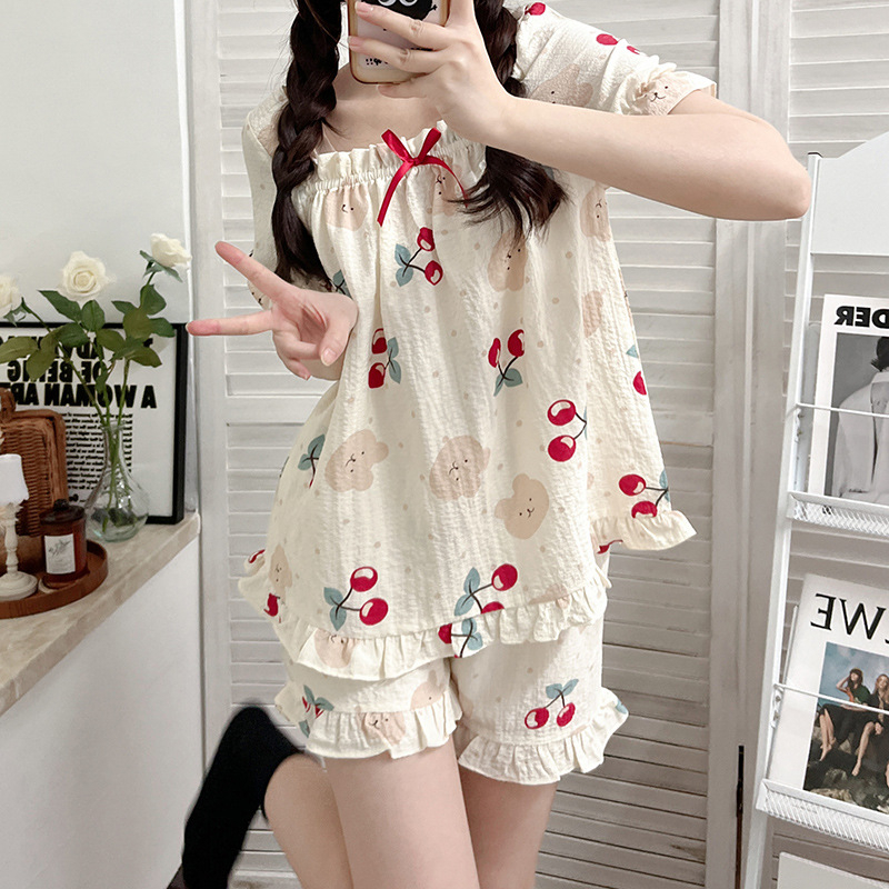 Bộ ngắn tiểu thư họa tiết cherry gấu