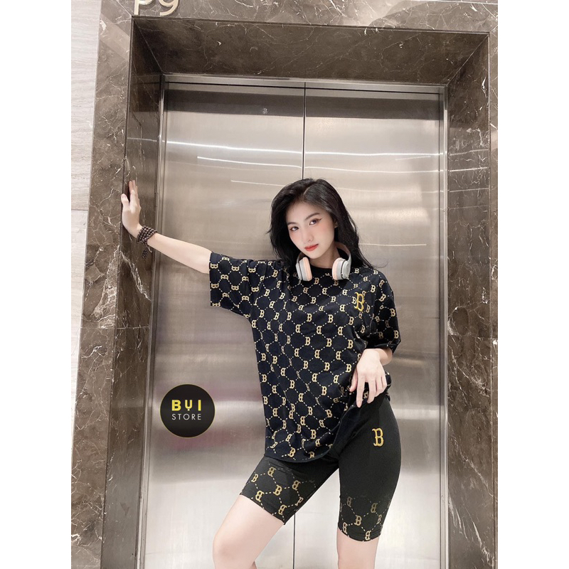 Set Ngố Logo B Đen Nhũ MLB Monogram, Form rộng, Chất Cotton, Hàng Cao Cấp