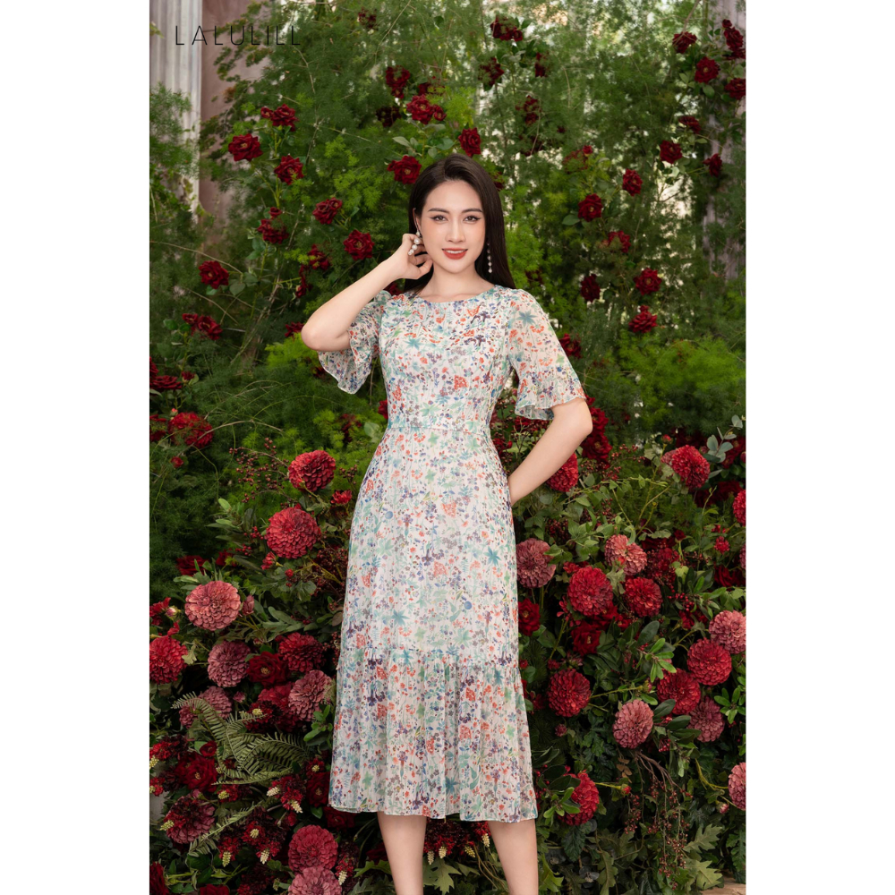 Đầm dáng A tay loe tơ trắng hoa nhí nhiều màu LDL2304101