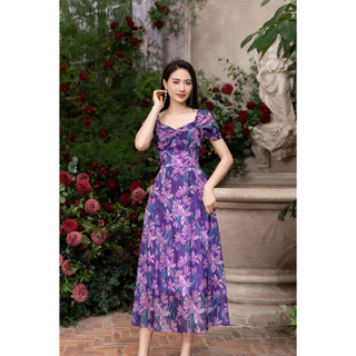Đầm dáng A nhún ngực tay zaglan tơ hoa tím LDL2307802