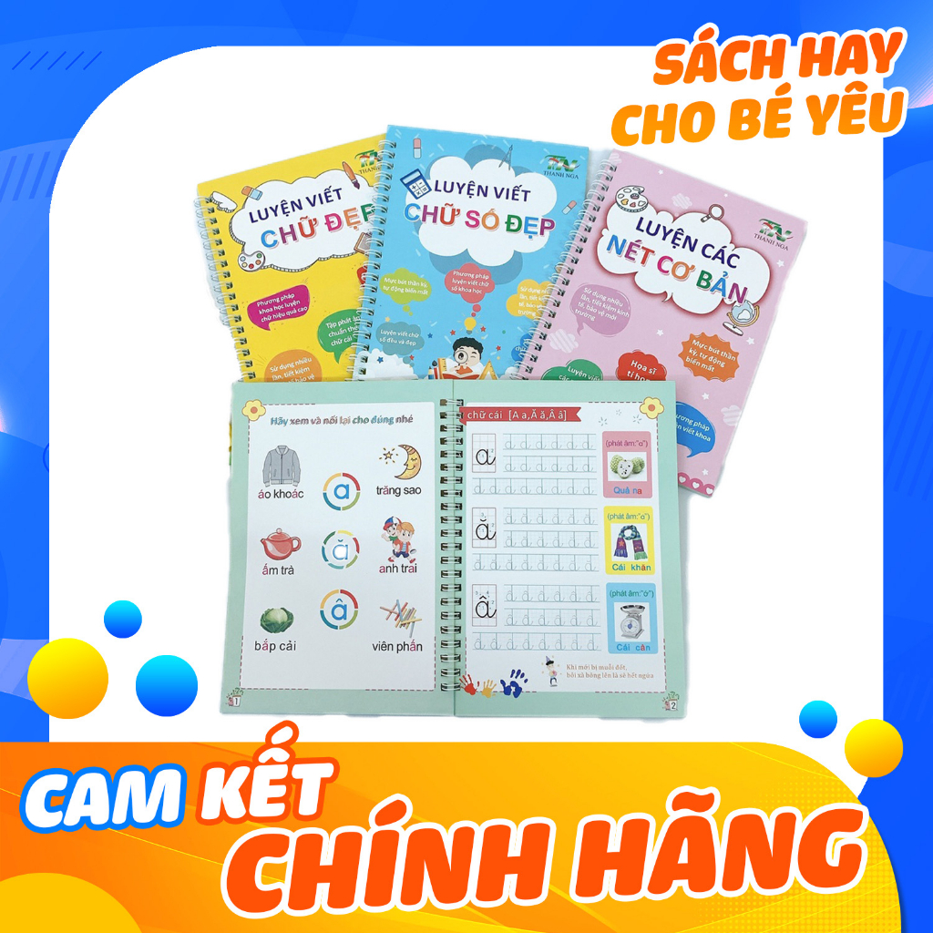 Sách - Bộ 3 Cuốn Vở Luyện Viết Chữ Đẹp, Luyện Viết Chữ Số Đẹp, Luyện Các Nét Cơ Bản Dành Cho Bé, Mực Tự Xóa, Có Dập Rãnh