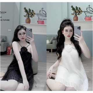 Đầm yếm lông vũ hai màu đính hoa giữa đầm cổ yếm lông vũ đầm váy yếm lông vũ hở lưng váy cổ yếm lông vũ
