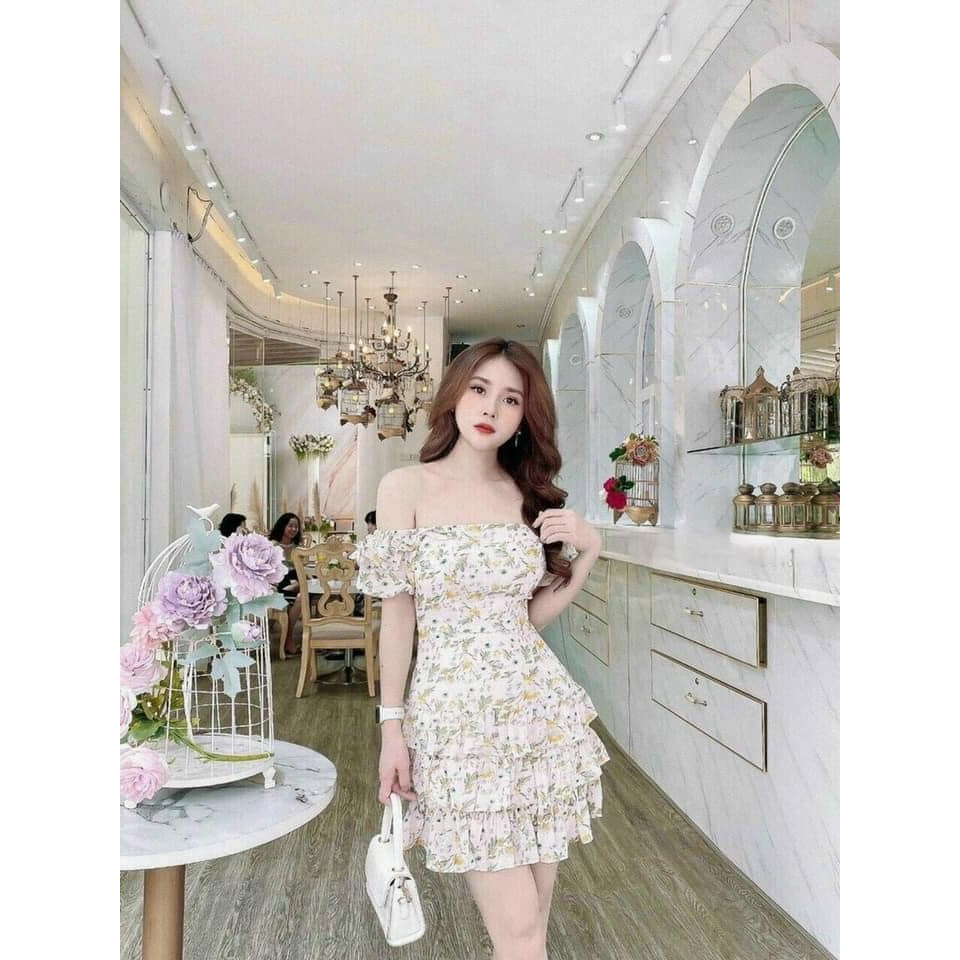 Đầm Ngắn Trễ Vai Phối Chân Váy Nhún Tầng Chất Liệu Lụa Hoa Phù Hợp Đi Dự Tiệc