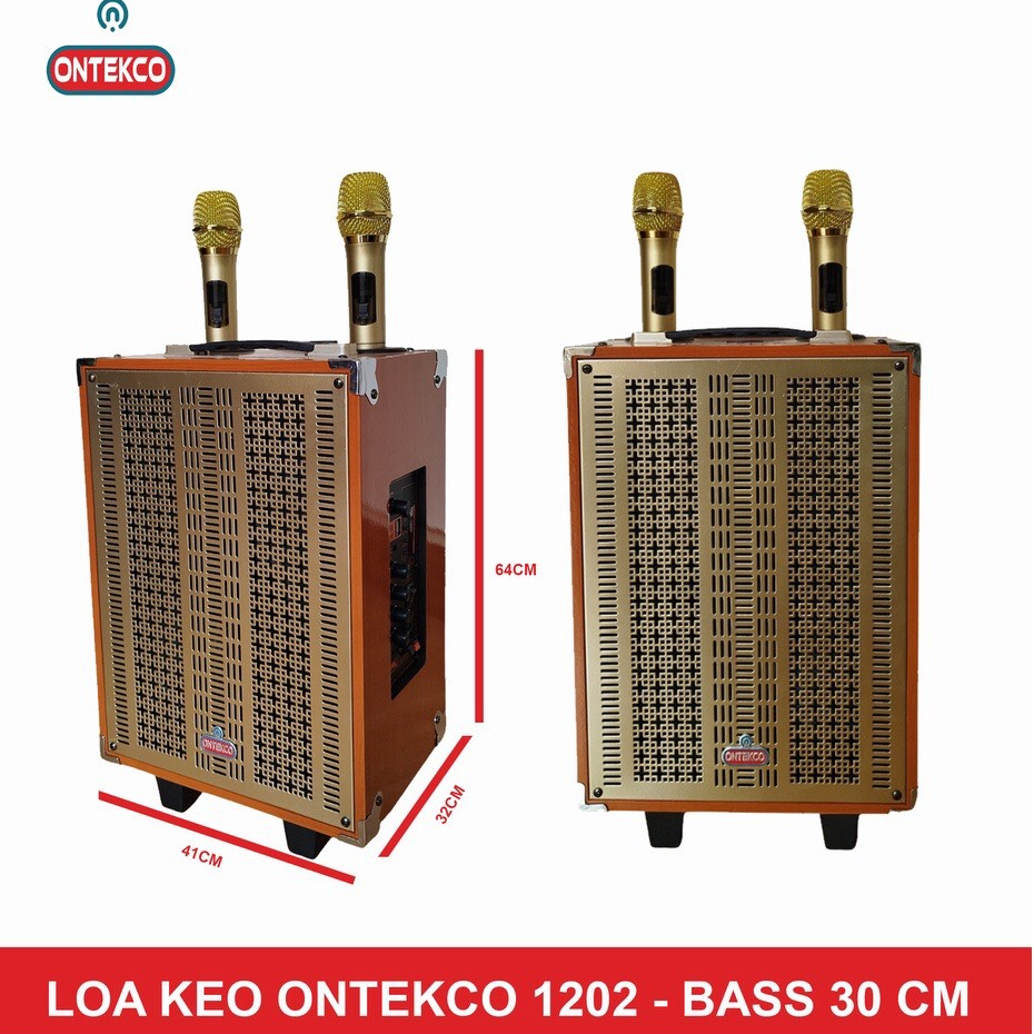 Loa kéo gỗ di động ONTEKCO 1202 kèm 2 micro GOLD không dây chống hú cao cấp, công suất 40W hát karaoke  chuyên nghiệp