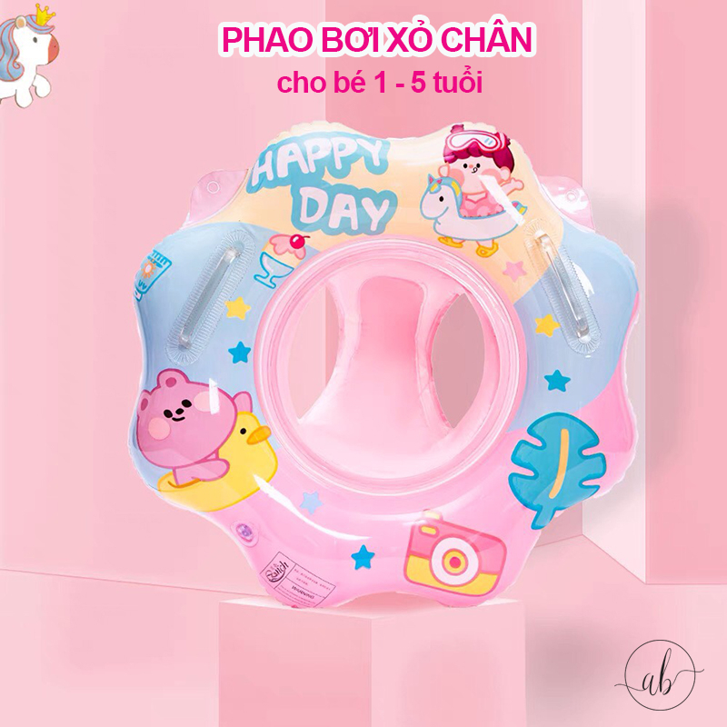 Phao bơi cho bé từ 1 tuổi đến 5 tuổi, phao bơi trẻ em, phao bơi xỏ chân, tay cầm chắc chắn, hình hoa Happy Day - Anbella