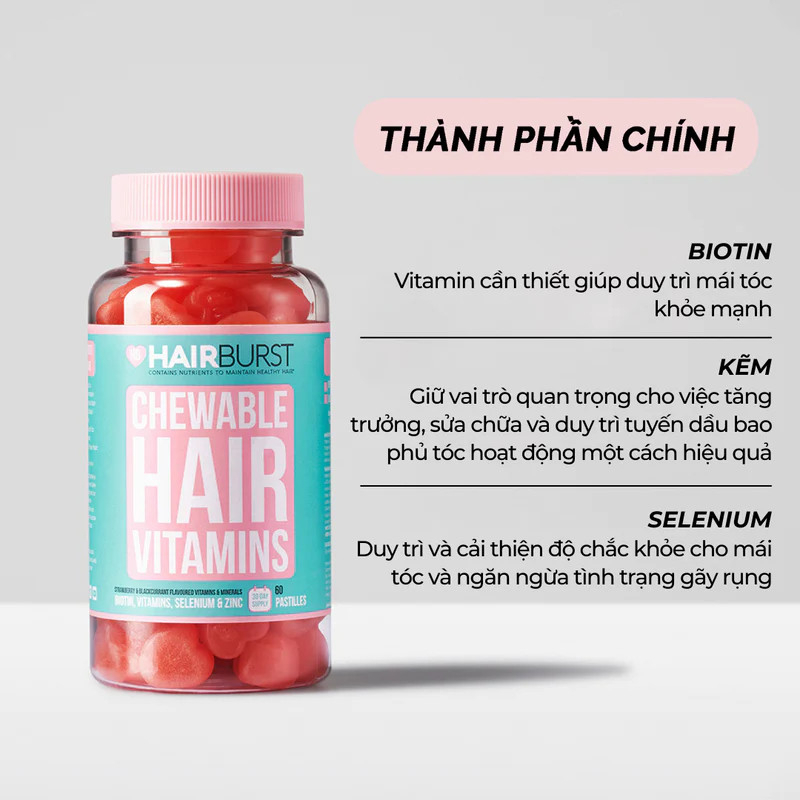 Kẹo Dẻo Vitamin Chăm Sóc, Kích Thích Mọc Tóc HAIRBURST Chewable Hair Vitamins 60 Gram/1 Lọ