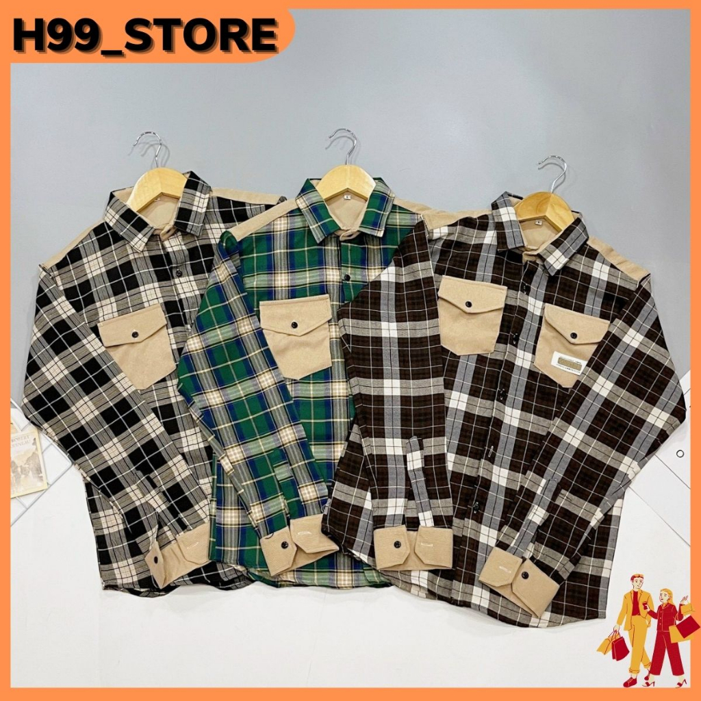 Áo sơ mi nam tay dài sọc caro vải kate nỉ phối Túi nhung mềm mịn form đẹp nhiều màu mẫu mới shop H99_STORE