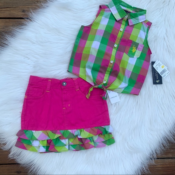 Set Áo + Váy kẻ sọc Pink & Kelly Green cho bé gái Sz 6X U.s Polo Assn (Mỹ)