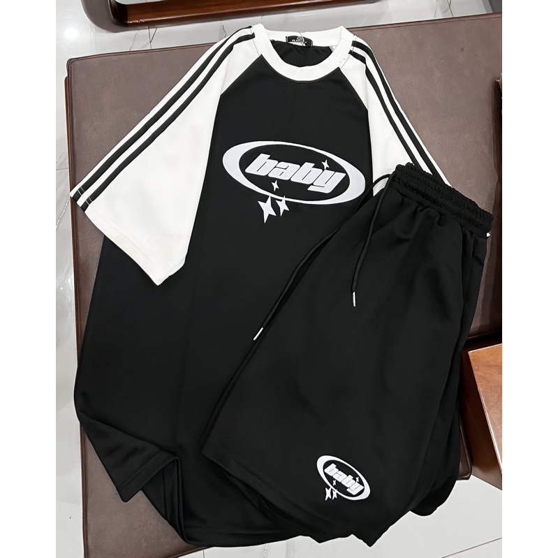 Set bộ nam nữ form rộng, Set đồ unisex kiểu dáng Ullzang áo phông quần short đùi phối ralang sọc Baby
