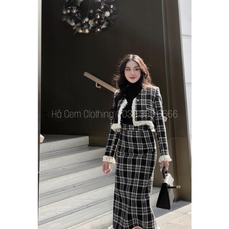 Set dạ nữ với áo khoác hoạ tiết caro & chân váy bút chì dáng dài kết hợp viền rua rua dành cho các nàng đi Đà Lạt