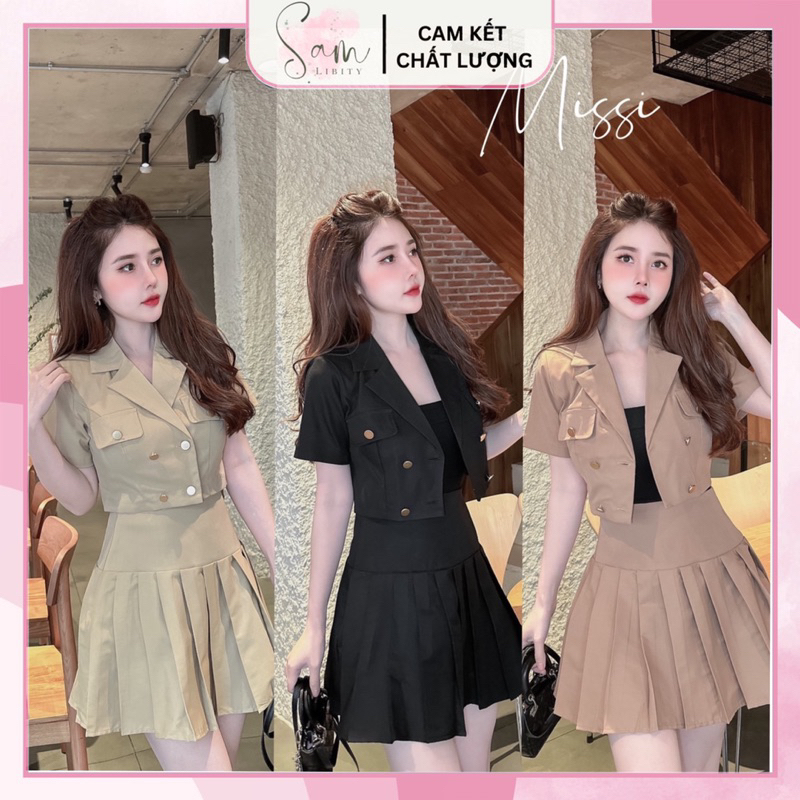 Set Áo Cổ Vest Túi Nắp Thanh Lịch Mix Chân Váy Xếp Ly Đúng Form Chuẩn Mẫu Đầy Đủ Size S M L