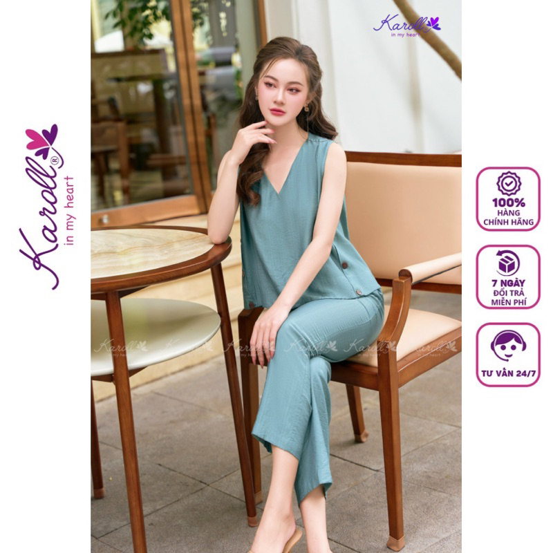 Đồ ngủ nữ mặc nhà Jcvcoll - Karoll NH23.060 BỘ LINEN 3 LỖ QUẦN XUÔNG