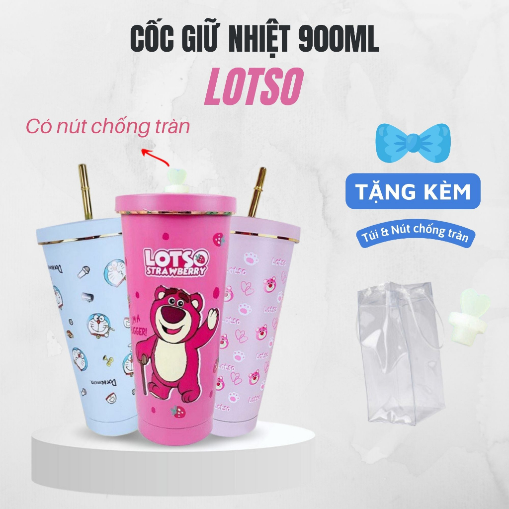 Ly Giữ Nhiệt LOTSO Gấu Dâu Cute 750ML, Bình giữ nhiệt inox 304 tặng kèm ống hút + cọ vệ sinh