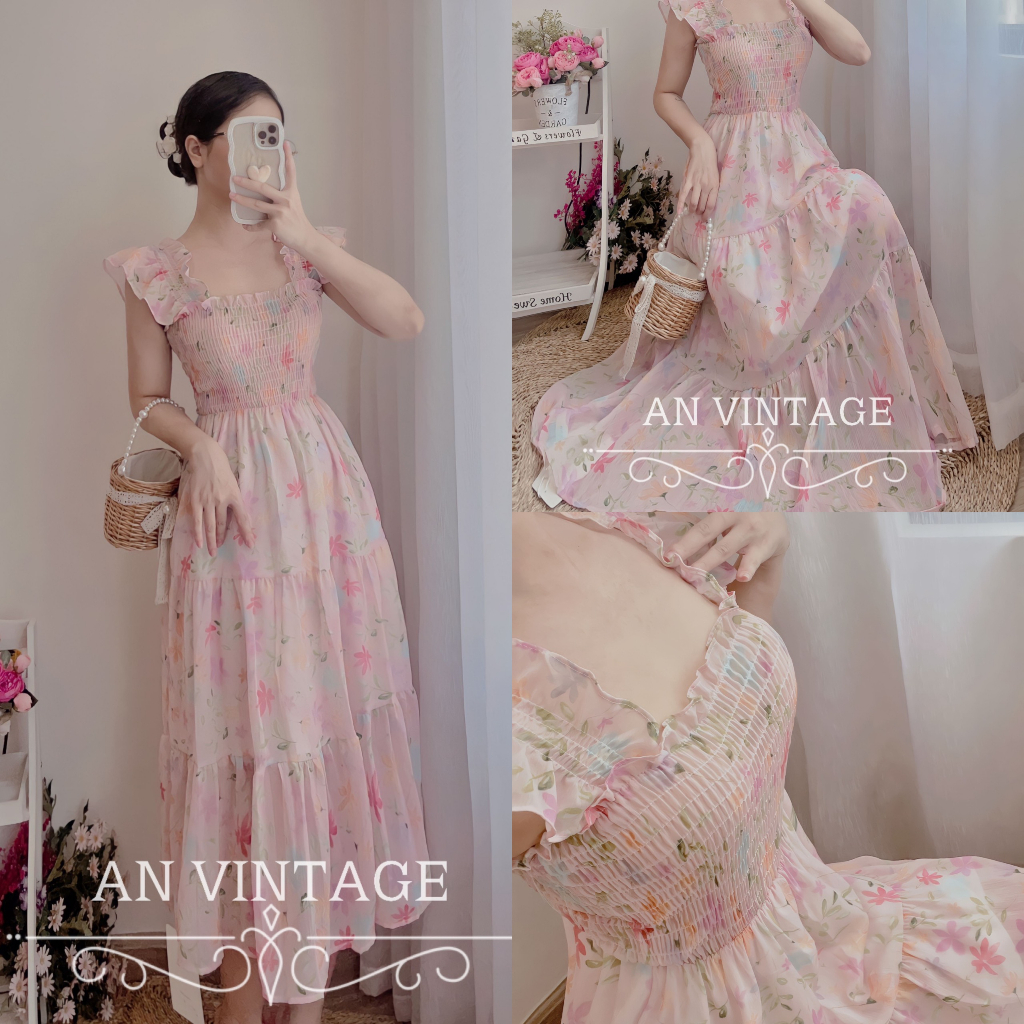 VÁY VINTAGE HAI DÂY HỌA TIẾT EO CHUN