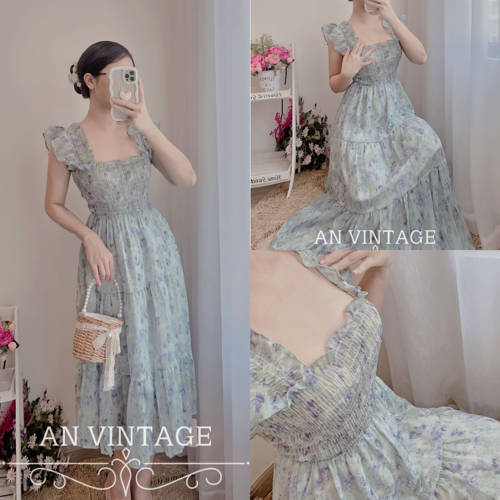 VÁY VINTAGE HAI DÂY HỌA TIẾT EO CHUN