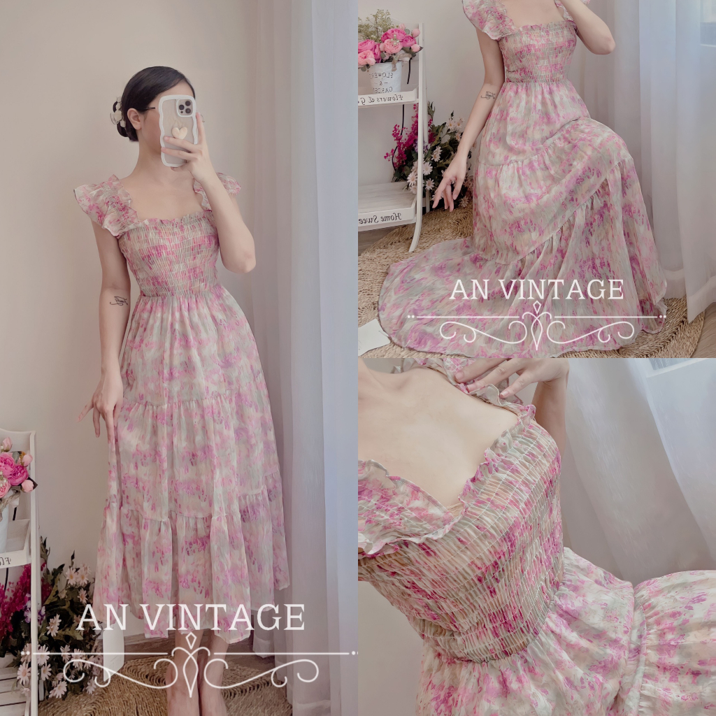 VÁY VINTAGE HAI DÂY HỌA TIẾT EO CHUN