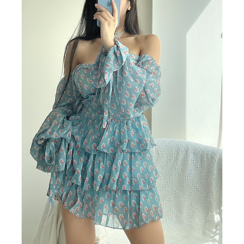 Đầm voan xanh hoa nhí dài tay