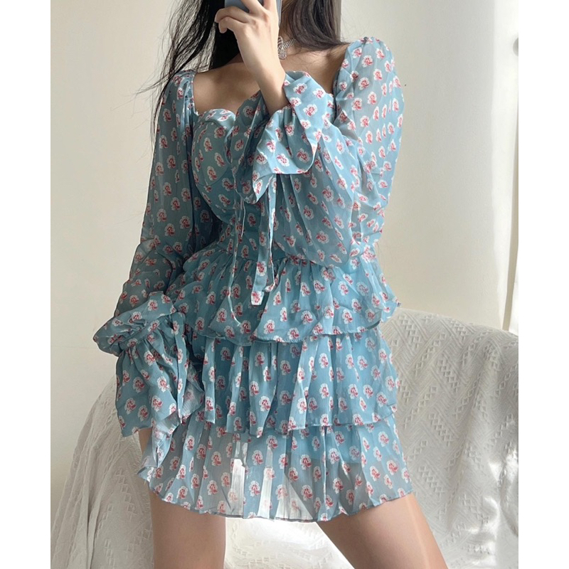 Đầm voan xanh hoa nhí dài tay