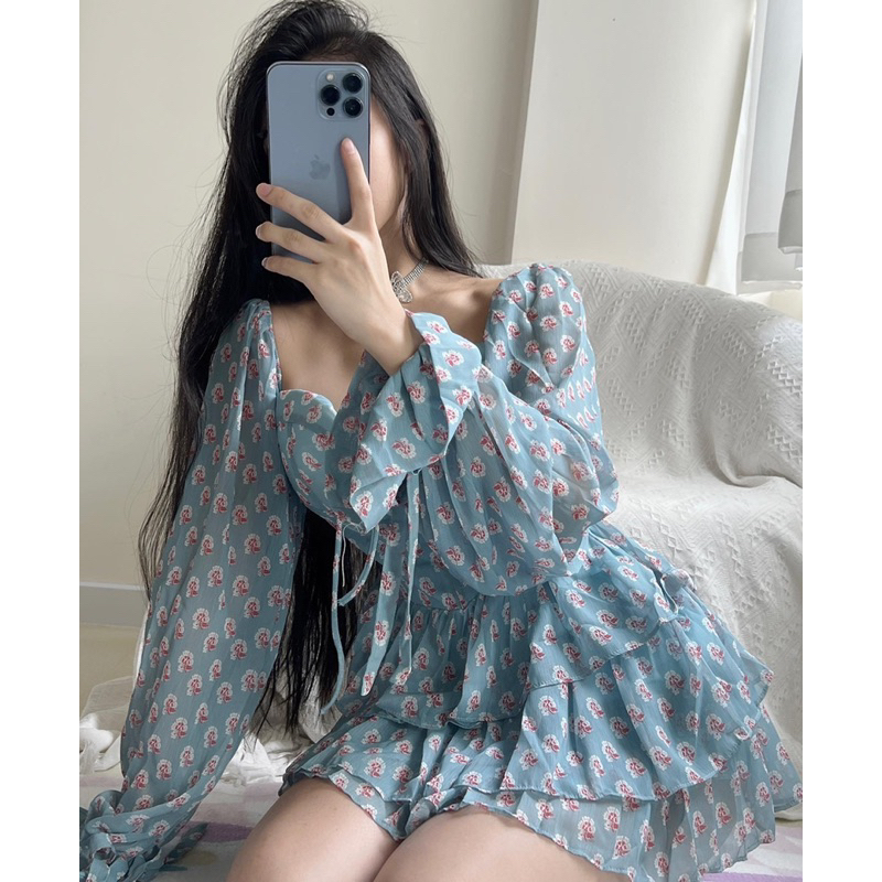 Đầm voan xanh hoa nhí dài tay