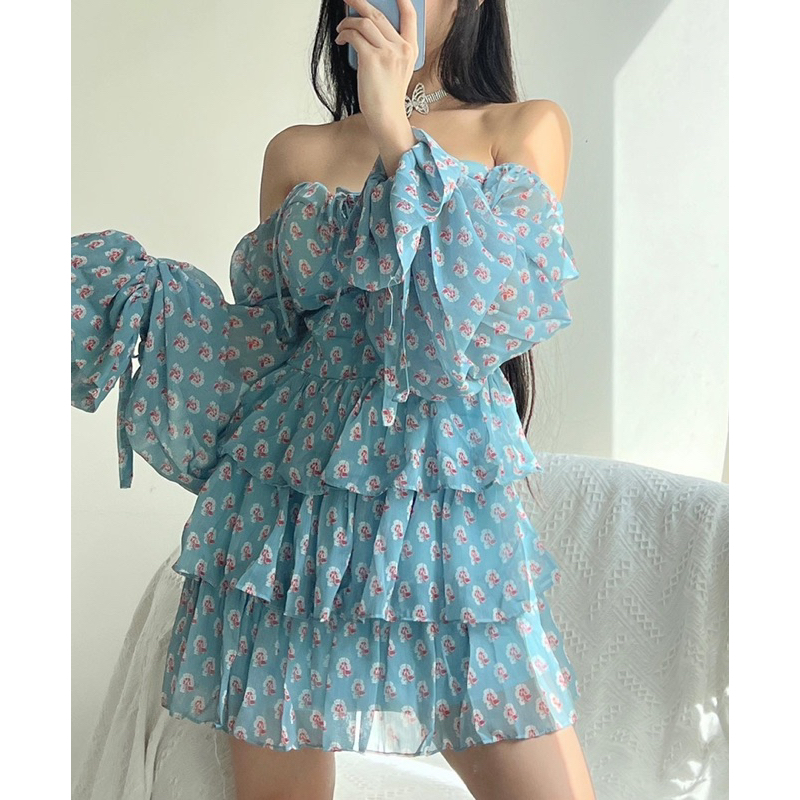 Đầm voan xanh hoa nhí dài tay