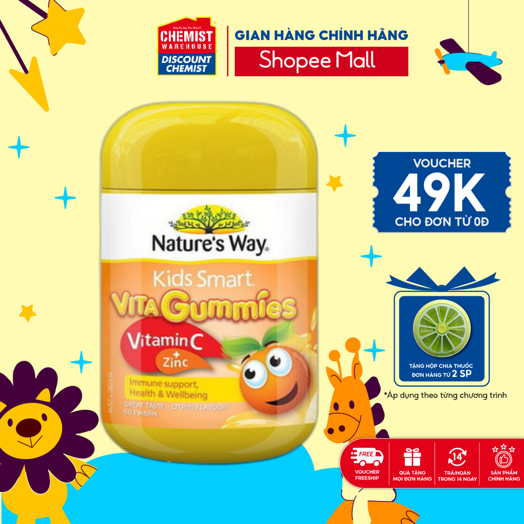 Kẹo dẻo Nature’s Way Kids Smart Vita Gummies Vitamin C + ZinC 60 viên của Úc hỗ trợ đề kháng cho trẻ