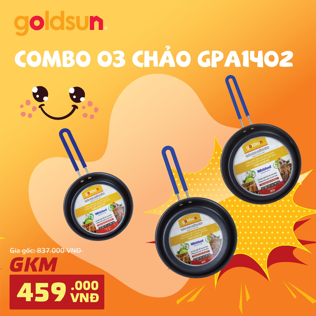 COMBO-003 Bộ 3 chảo inox Goldsun chống dính dùng được cho bếp từ GPA1402 (18-20-24)