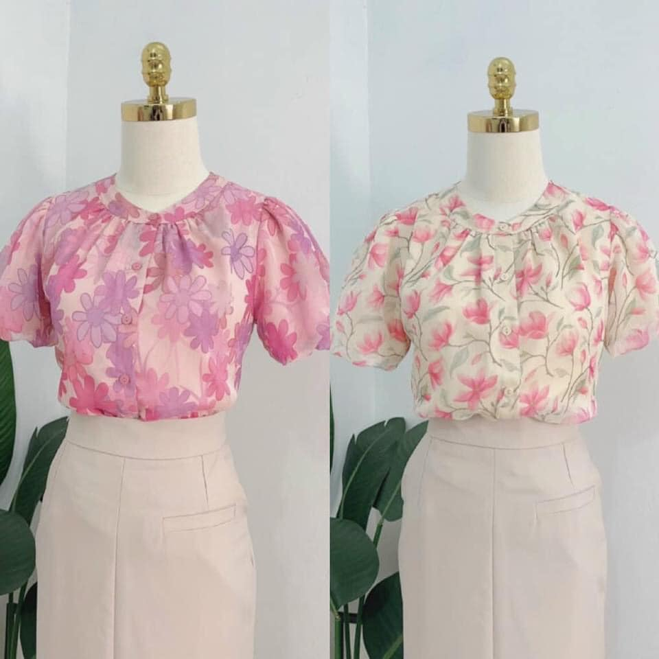 Áo sơ mi tơ họa tiết hoa nhí, thiết kế cổ tròn,tay bồng thời trang công sở