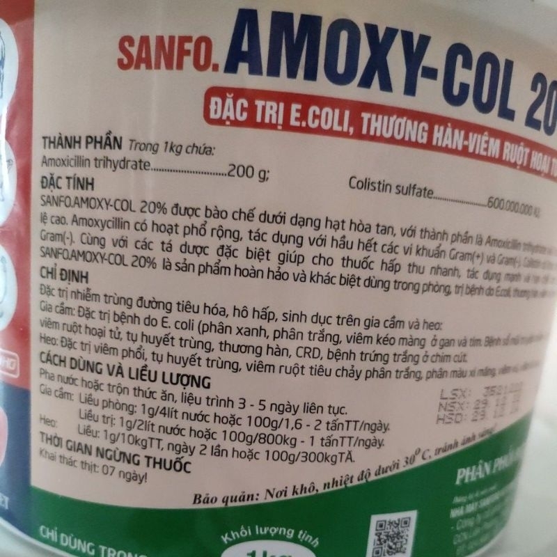 Sanfor - AMOXY COL 20% 1kg chuyên Ecoli, Thương hàn, Viêm ruột hoại tử trên vật nuôi