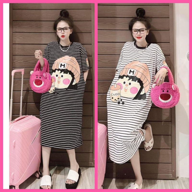 Đầm Cô Gái Thun Suông Rộng Kẻ Sọc Ngang Bầu Bì bon chen