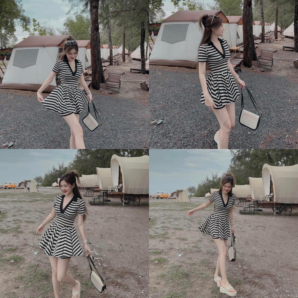 ĐẦM XOÈ SỌC ĐEN CỔ BẺ