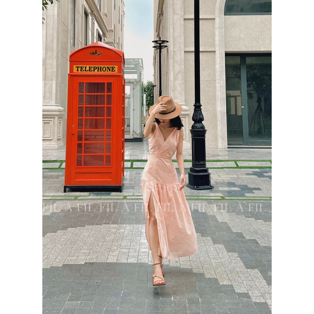 Váy thiết kế Lisa - Màu cam đào dáng dài xẻ đùi tôn dáng