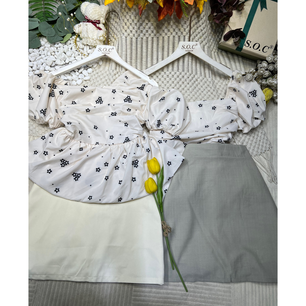Set Áo Chân Váy Họa Tiết Hoa Nhí Trễ Vai Phối Chân Váy Chữ A Quyến Rũ Trẻ Trung Cá Tính