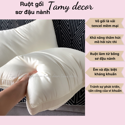 Ruột gối sơ đậu nành cao cấp vỏ gối tencel Tamy Decor chất liệu bông kháng khuẩn kích thước 48x74