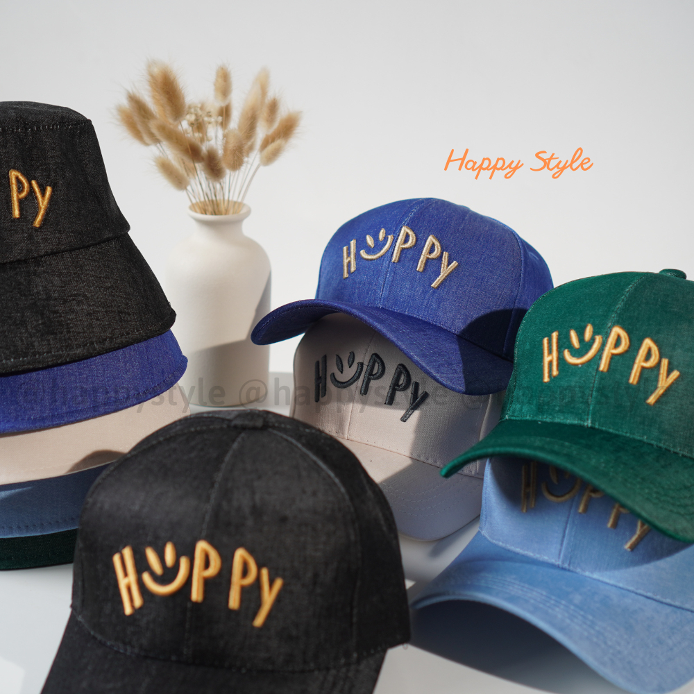 Mũ lưỡi trai và mũ bucket thêu HAPPY đội đôi đội cặp couple nón kết chất vải nhung jean form unisex nam nữ N137
