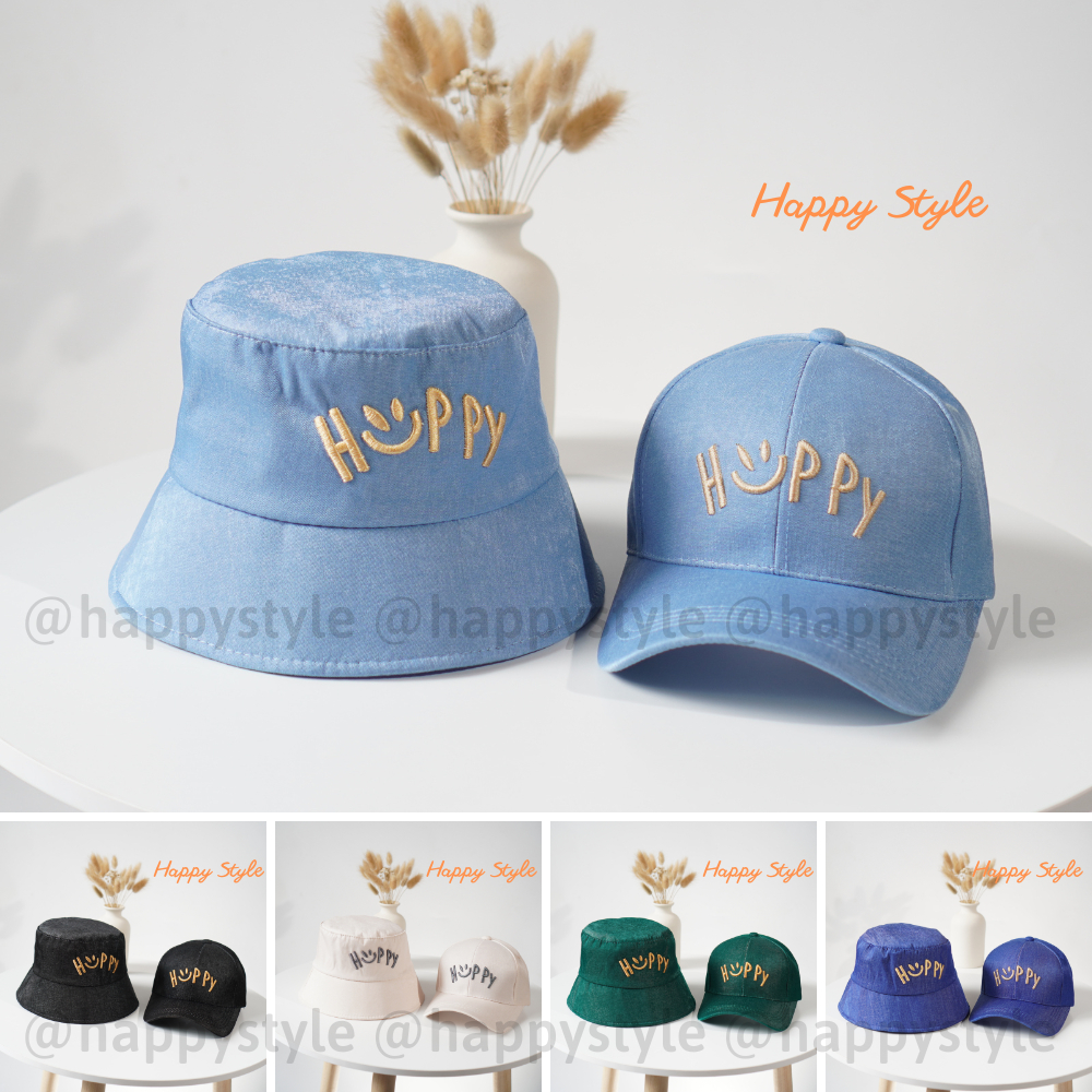Mũ lưỡi trai và mũ bucket thêu HAPPY đội đôi đội cặp couple nón kết chất vải nhung jean form unisex nam nữ N137