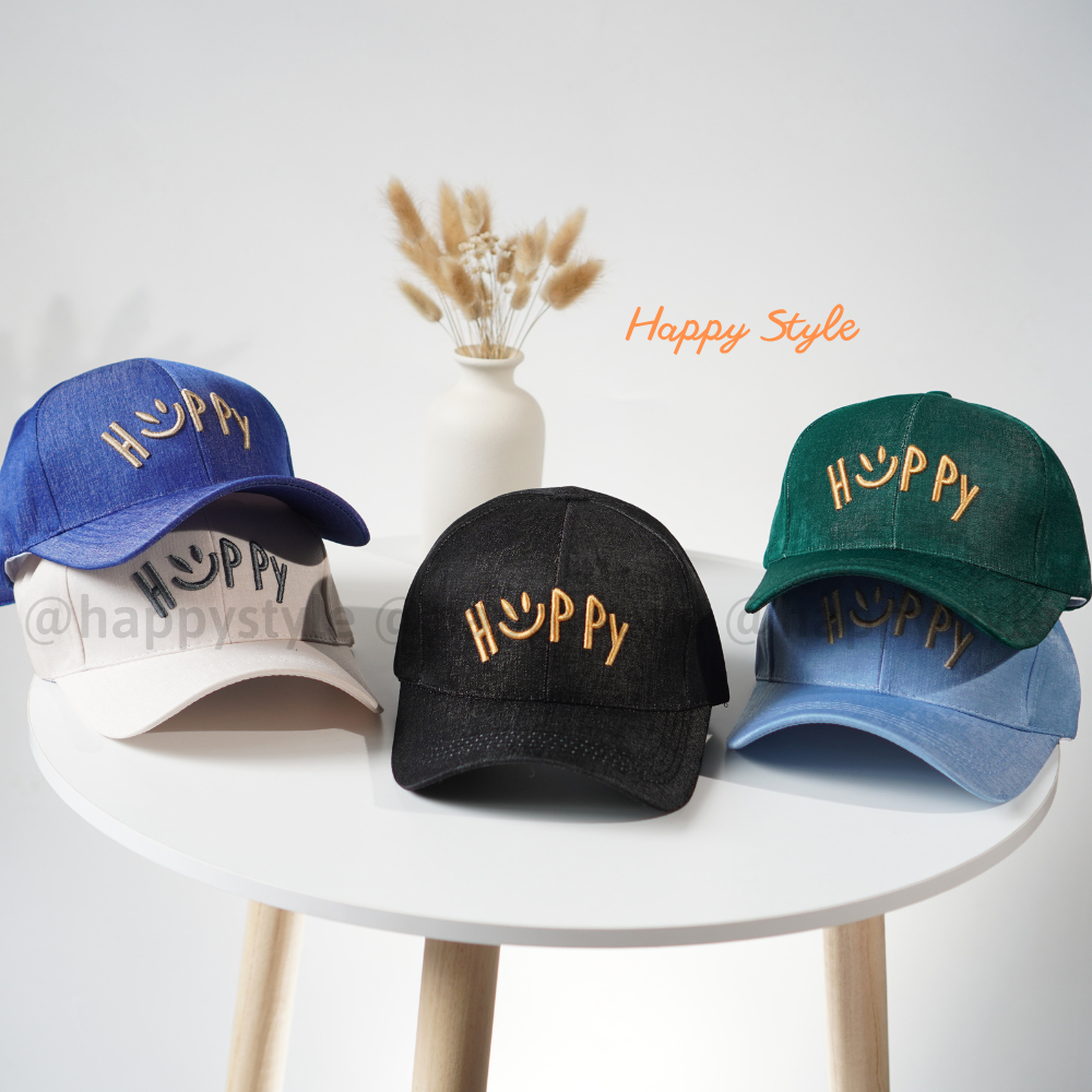 Mũ lưỡi trai và mũ bucket thêu HAPPY đội đôi đội cặp couple nón kết chất vải nhung jean form unisex nam nữ N137