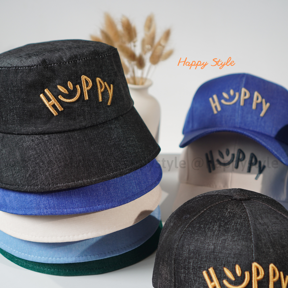 Mũ lưỡi trai và mũ bucket thêu HAPPY đội đôi đội cặp couple nón kết chất vải nhung jean form unisex nam nữ N137