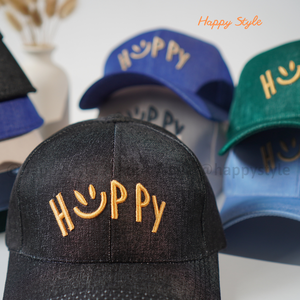 Mũ lưỡi trai và mũ bucket thêu HAPPY đội đôi đội cặp couple nón kết chất vải nhung jean form unisex nam nữ N137
