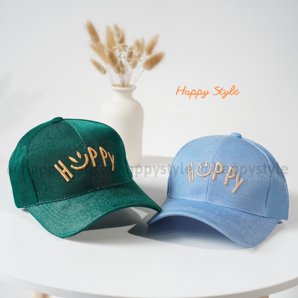 Mũ lưỡi trai và mũ bucket thêu HAPPY đội đôi đội cặp couple nón kết chất vải nhung jean form unisex nam nữ N137