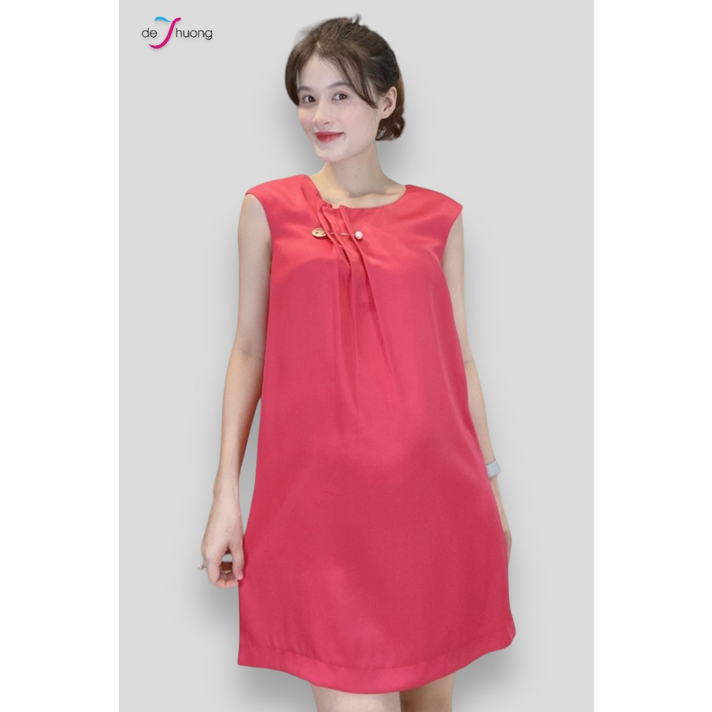Đầm tunic có cài áo xinh xắn cổ tròn xếp li - lụa mềm mại - deThuong Fashion