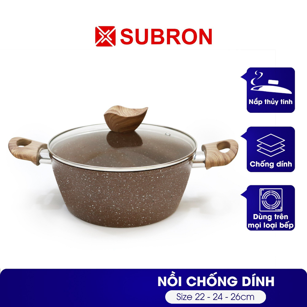 Nồi vân đá chống dính SUBRON, có đáy từ tay cầm cách nhiệt nắp thuỷ tinh TX-S22/ 24/ 26
