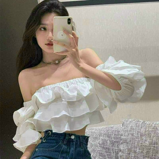 Siêu phẩm Áo trễ vai tay bồng lững nhún bèo 3 tầng điệu đà, nữ tính QN