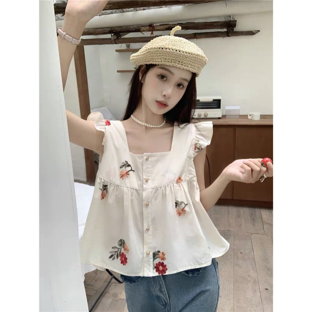 Áo sơ mi nữ cánh tiên hottrend hoạ tiết thêu hoa thiết kể cổ vuông không tay tiểu thư dễ thương A8686 - CHAKOVET