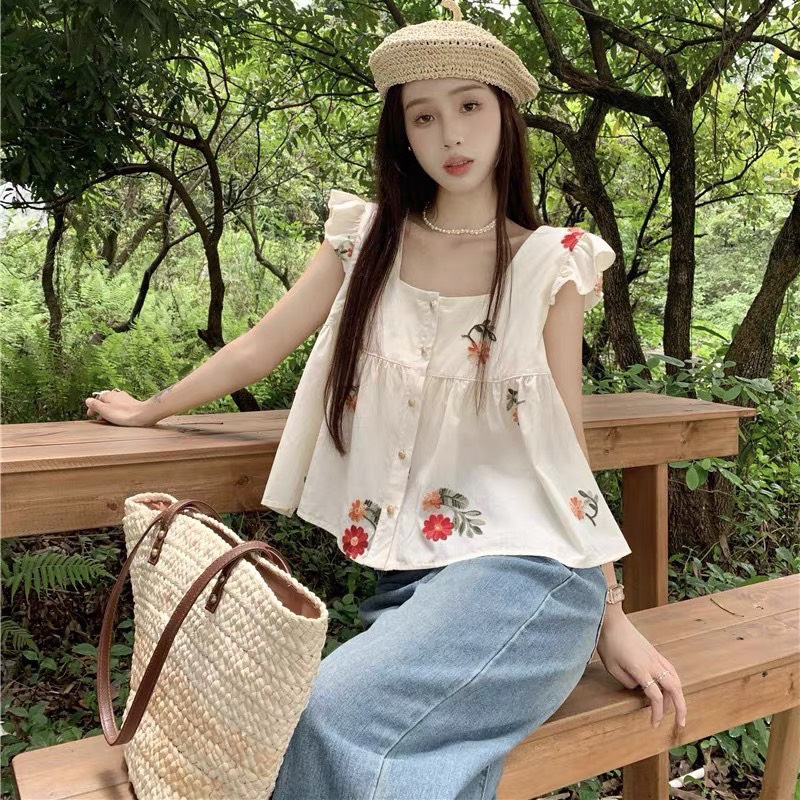 Áo sơ mi nữ cánh tiên hottrend hoạ tiết thêu hoa thiết kể cổ vuông không tay tiểu thư dễ thương A8686 - CHAKOVET