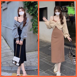 Set đầm missbanana body + áo khoác xoắn ngực thun gân dày dặn