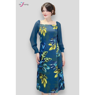 [ Chính hãng ] Đầm suôn nữ cổ vuông tay raplan - xanh hoa -DE THUONG