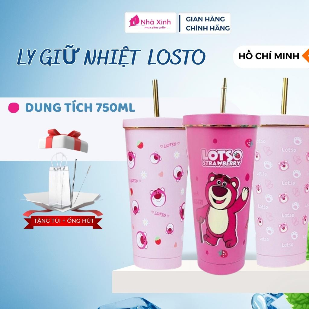 Ly giữ nhiệt gấu dâu losto, cốc giữ nhiệt có ống hút dung tích 750ml giữ nhiệt 8-10h chất liệu inox 304 chống gỉ