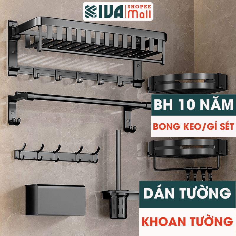 Kệ Nhà Tắm Kiva Để Đồ Dán Tường Màu Đen Chất Liệu Nhôm Hàng Không Cao Cấp, Lắp Đặt Không Cần Khoan.