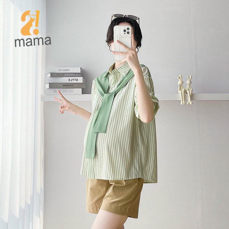 Áo bầu công sở mùa hè 2mama kẻ sọc, cổ sơ mi có phối vạt điệu đà, dễ thương