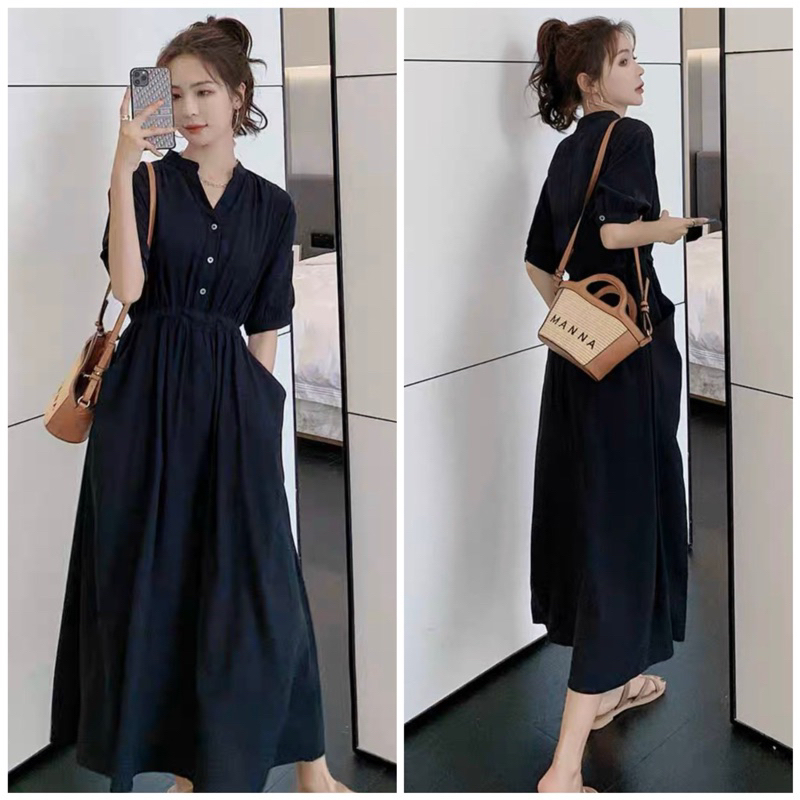 Đầm đen cổ trụ rút eo (kèm hình thật)